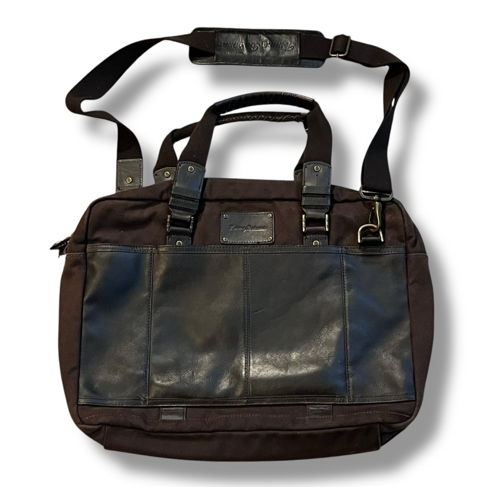 Tommy Bahama Tobago Briefcase Laptop Bag Canvas & Leather Carry Strap Map Lining